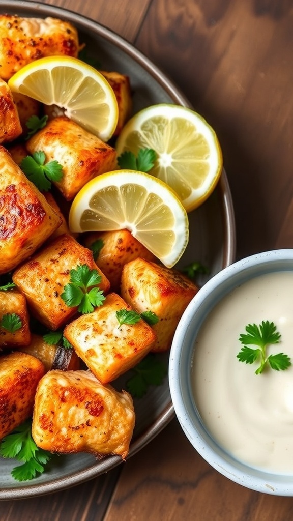 Crispy blackened salmon bites garnished with parsley and lemon on a rustic plate.